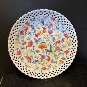 Vintage Round Plate Dish Colorful Floral Pattern Lattice Edge Made in Germany 8”